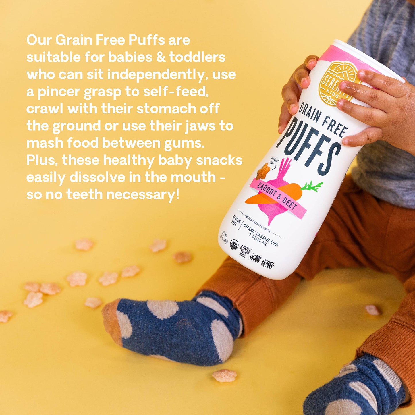 Serenity Kids 6+ Months Grain Free Puffs Toddler & Baby Snack | No Added Sugar, Gluten & Rice Free, Allergen Free | Made with Organic Cassava, Veggies, and Herbs | Puffs Variety Pack | 6 Count