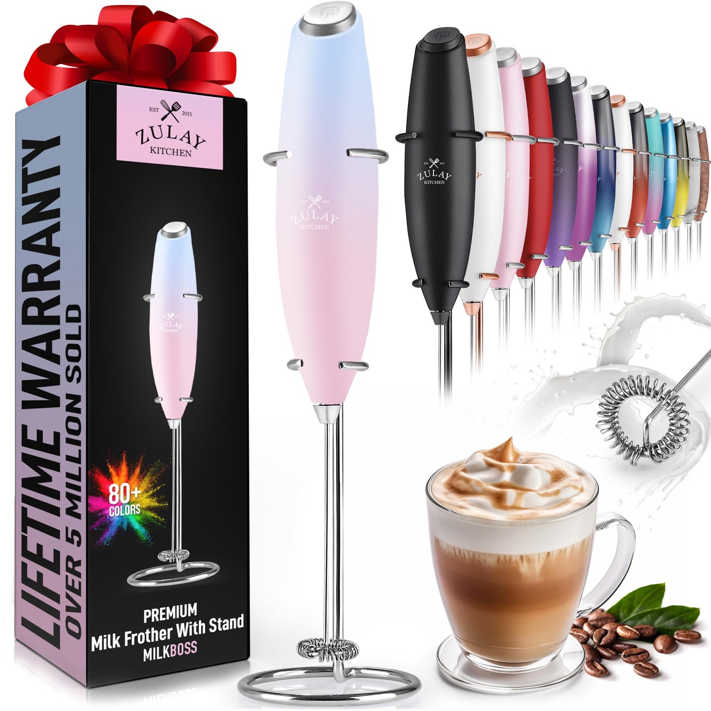 Zulay Powerful Milk Frother (4 Duracell Batteries Included) - Handheld Milk Frother Wand Drink Mixer for Coffee - Powerful Milk Foamer for Cappuccino, Frappe, Matcha & Coffee Creamer - Black