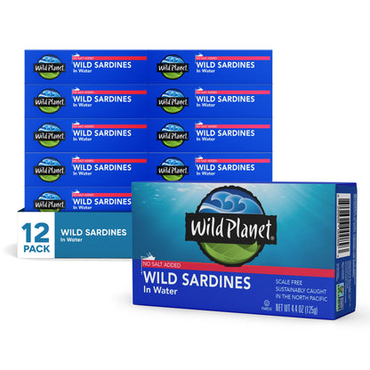 Wild Planet Wild Sardines in Extra Virgin Olive Oil, Lightly Smoked, Tinned Fish, Sustainably Wild-Caught, Non-GMO, Kosher, Gluten Free, 4.4. Ounce (Pack of 12)