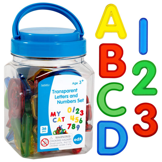 edxeducation Transparent Letters and Numbers - Mini Jar - Colorful, Plastic Letters and Numbers - Light Box Accessory - Sensory Play - Practice Counting and Spelling