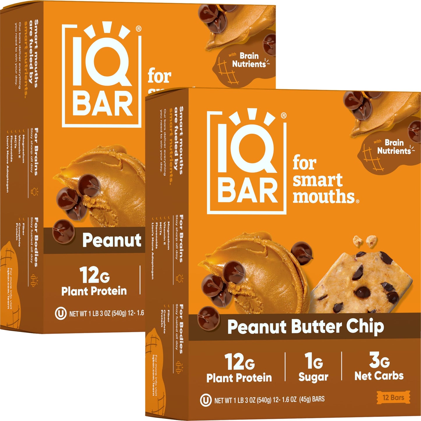 IQBAR Brain and Body Plant Protein Bars - Almond Butter Chip - 12 Count, Low Carb, High Fiber, Gluten Free, Vegan Snacks - Low Sugar Keto Energy Bars