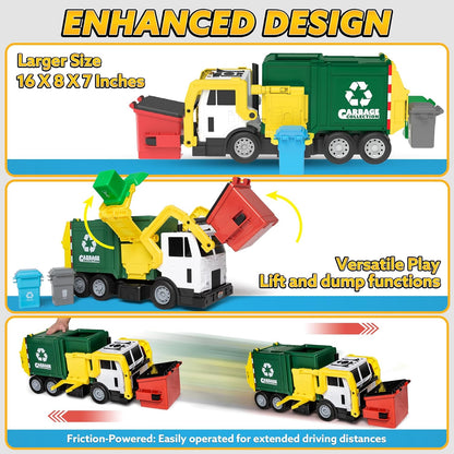 JOYIN Large Friction Powered Garbage Truck Toy Set, Includes Dumpster, Trash Bins, and Learning Cards for Kids