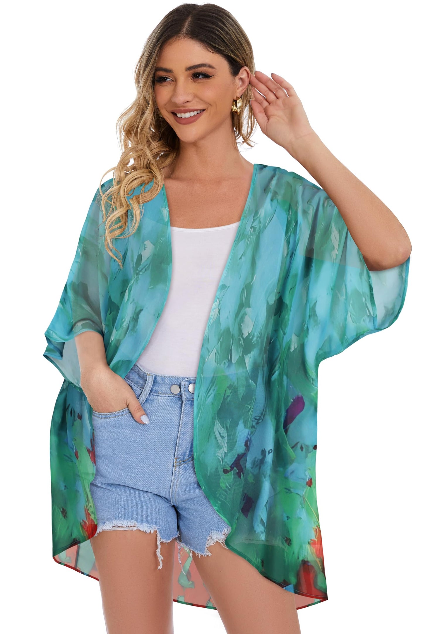 Women's Floral Print Puff Sleeve Kimono Cardigan Loose Cover Up Casual Blouse Tops