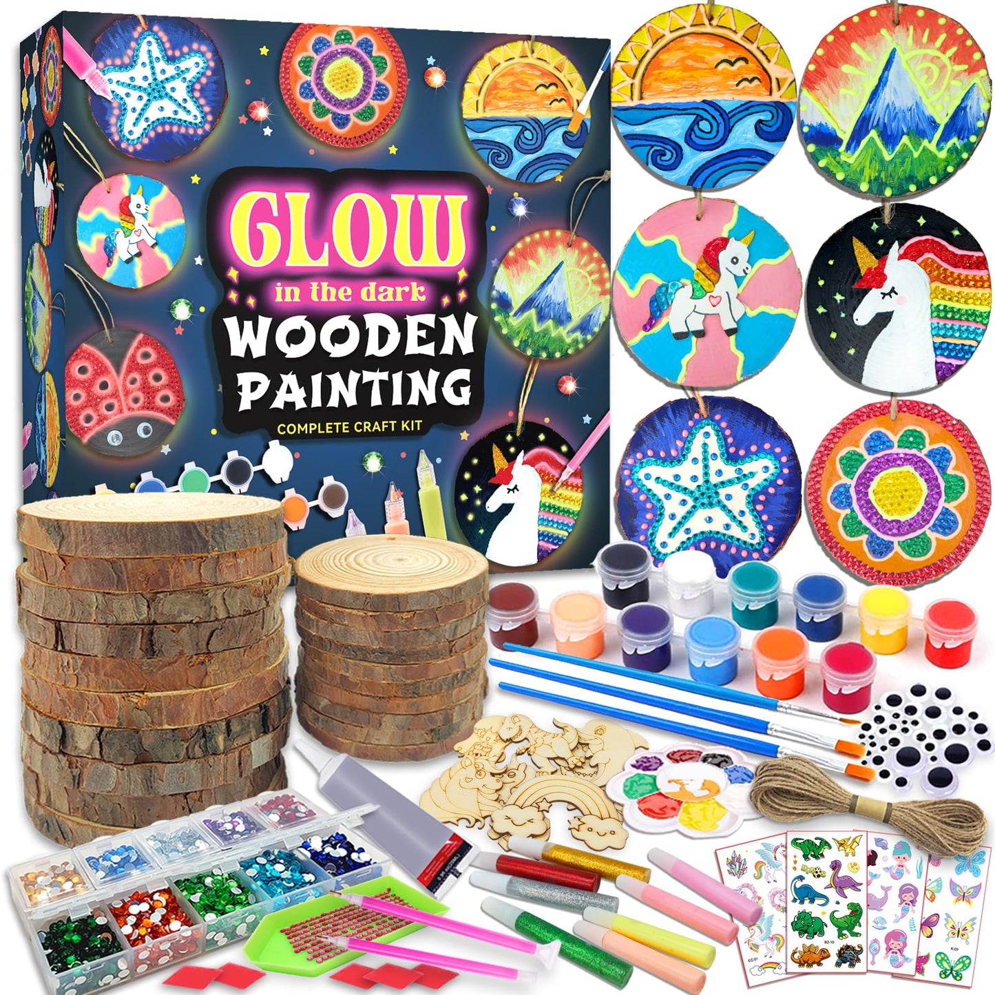 klmars Kids Wooden Painting Kit-Glow in The Dark-Arts & Crafts Gifts for Boys Girls Ages 5-12-Wood Slice Craft Activities Kits - Creative Art Toys for 5, 6, 7, 8, 9, 10, 11 & 12 Year Old Kids