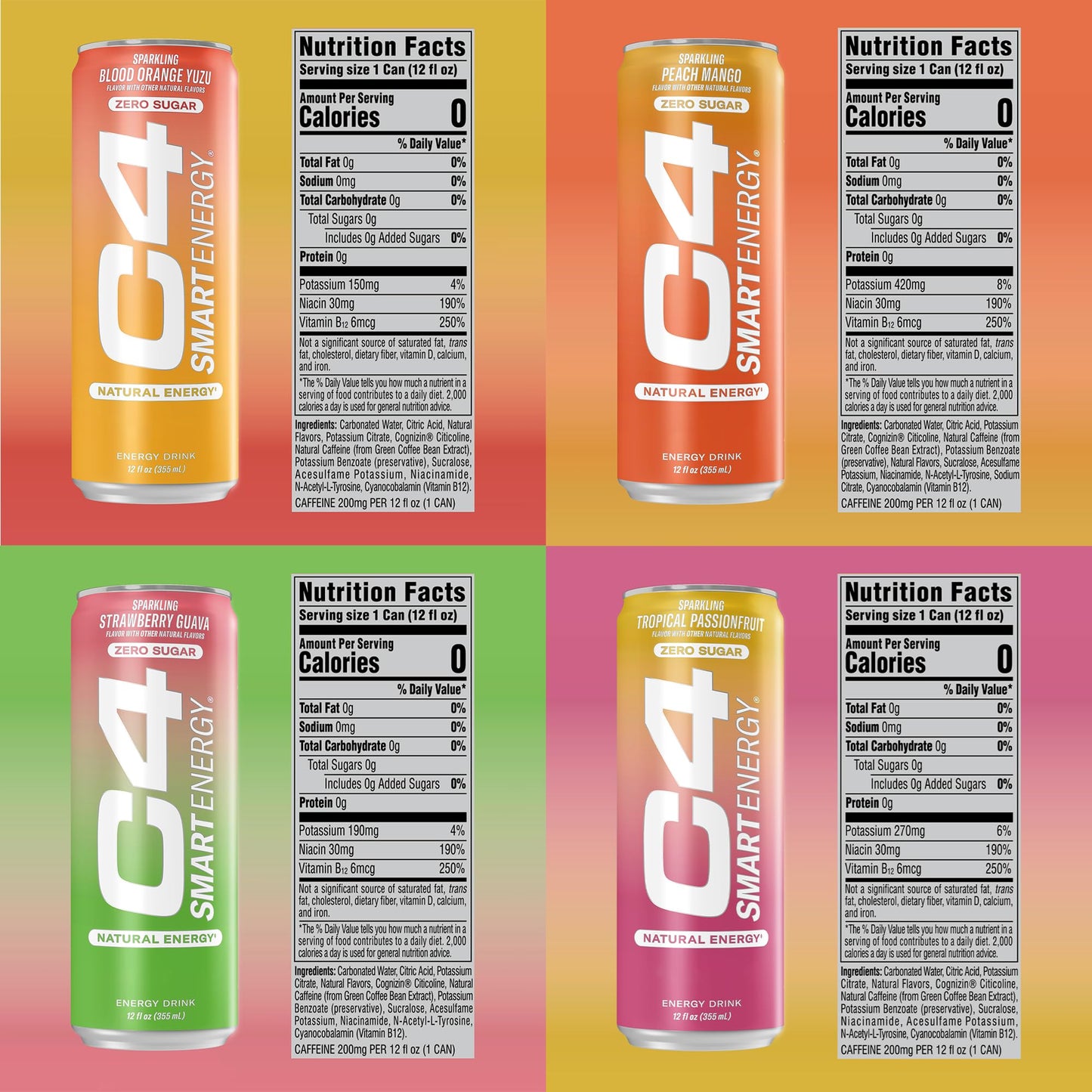 C4 Smart Energy Drink – Boost Focus and Energy with Zero Sugar, Natural Energy, and Nootropics - 200mg Caffeine - Cherry Berry Lime (12oz Pack of 12)