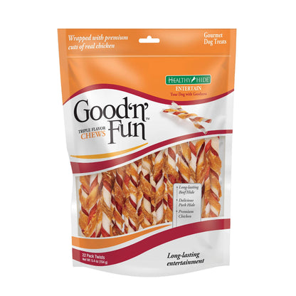 Good'n'Fun Triple Flavor Twists, Dog Chew Sticks, Premium Chicken and Beef Hide Treats for Dogs, 70 Count