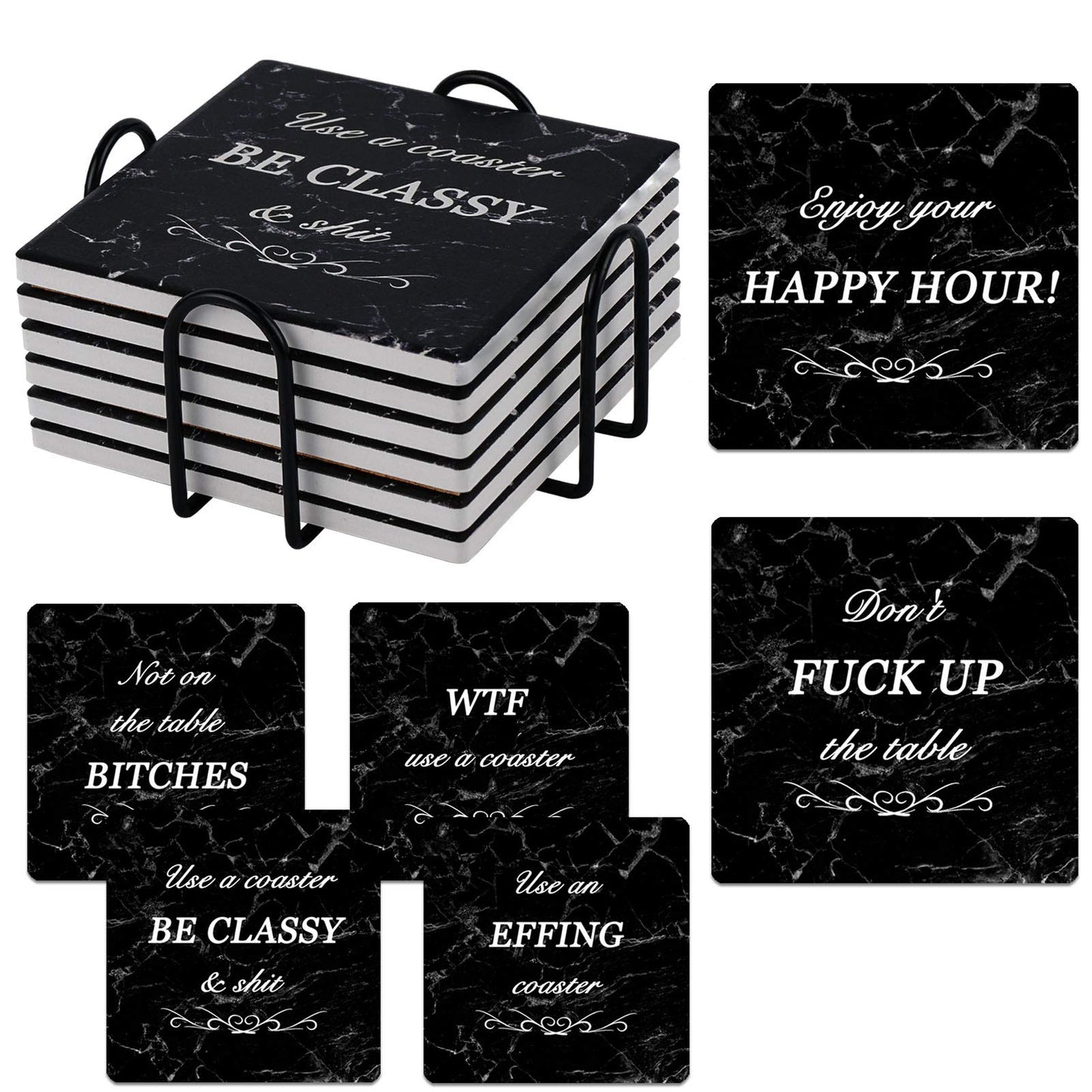 Coasters for Drinks, Funny Drink Coasters Absorbent with Holder 6 Pcs Absorbing Stone Funny Coaster Gift Set Housewarming Gift New Home Apartment Kitchen House Decor Gift for Women Men