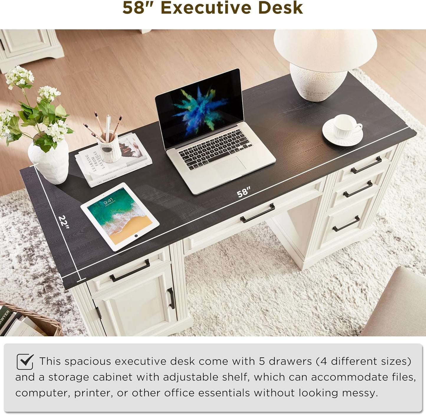 JXQTLINGMU 58" Executive Desk, Farmhouse Computer Desk with Drawers and Cabinet, Embossed Texture Home Office Desk, Workspace for Work Study Writing, Off White