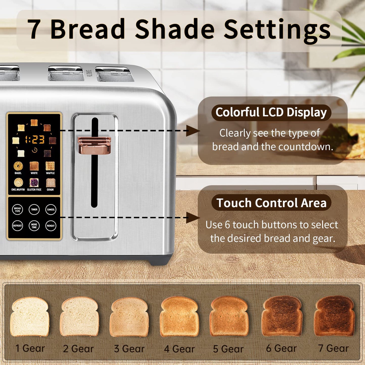 SEEDEEM Toaster 2 Slice, Stainless Toaster LCD Display&Touch Buttons, 50% Faster Heating Speed, 6 Bread Selection, 7 Shade Setting, 1.5''Wide Slot, Removable Crumb Tray, 1350W, Dark Metallic