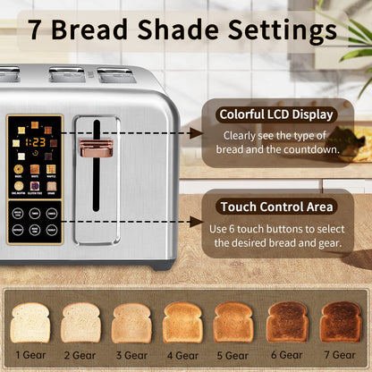 SEEDEEM Toaster 2 Slice, Stainless Toaster LCD Display&Touch Buttons, 50% Faster Heating Speed, 6 Bread Selection, 7 Shade Setting, 1.5''Wide Slot, Removable Crumb Tray, 1350W, Dark Metallic