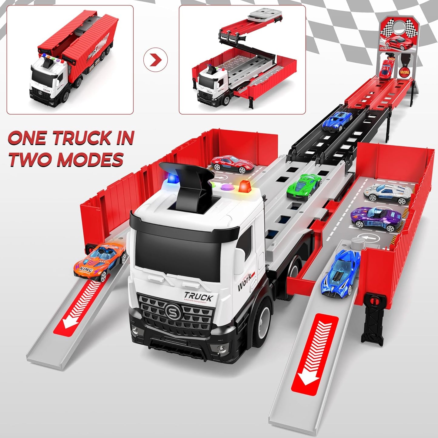 Carrier Truck Race Track Kids Toys, Foldable 3 Layer Car Race Track Playset, Toy Truck Transport Car Carrier & 8 Race Cars, Truck Car Toddlers Toys Xmas Gifts for Age 3 4 5 6+ Years Old Boys Girls