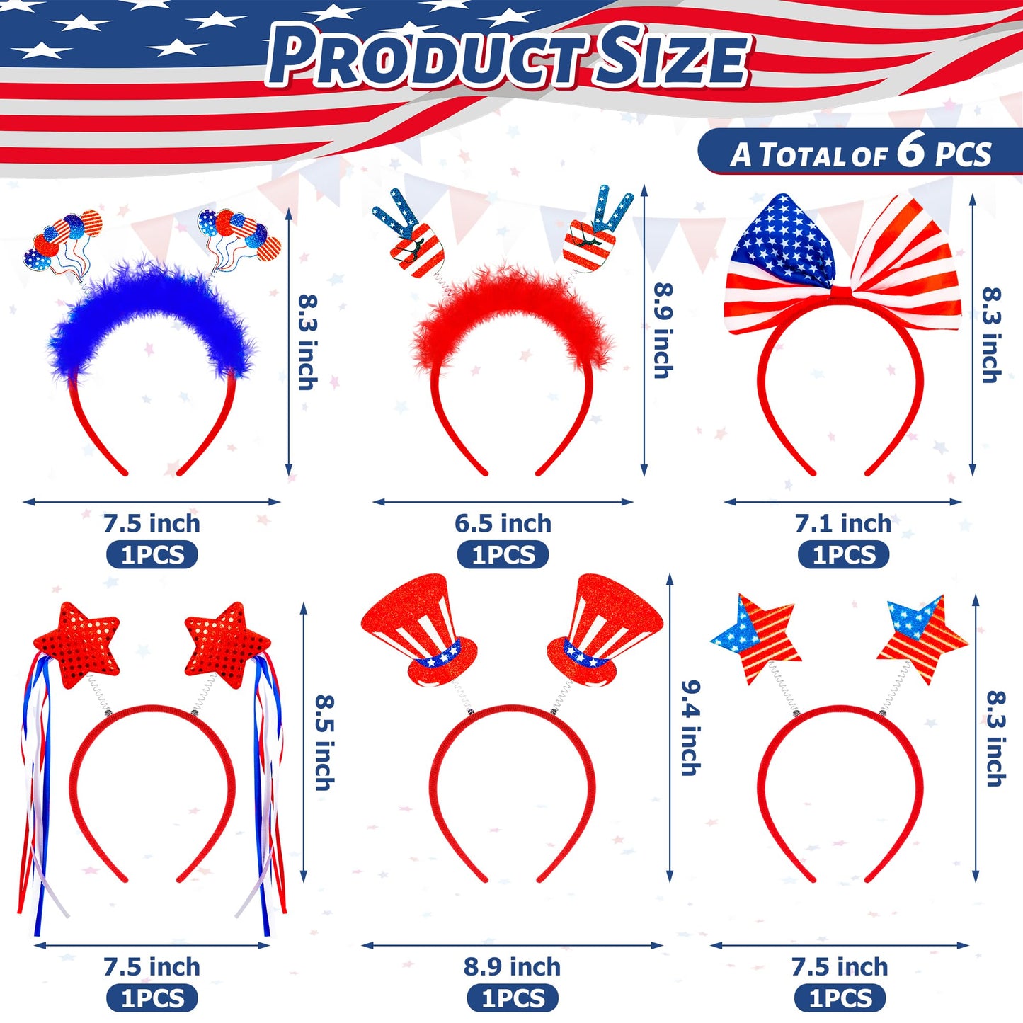 4th of July Headband, Fourth of July Accessories, Felt Patriotic Head Boppers Pack for 4th of July Party Favors