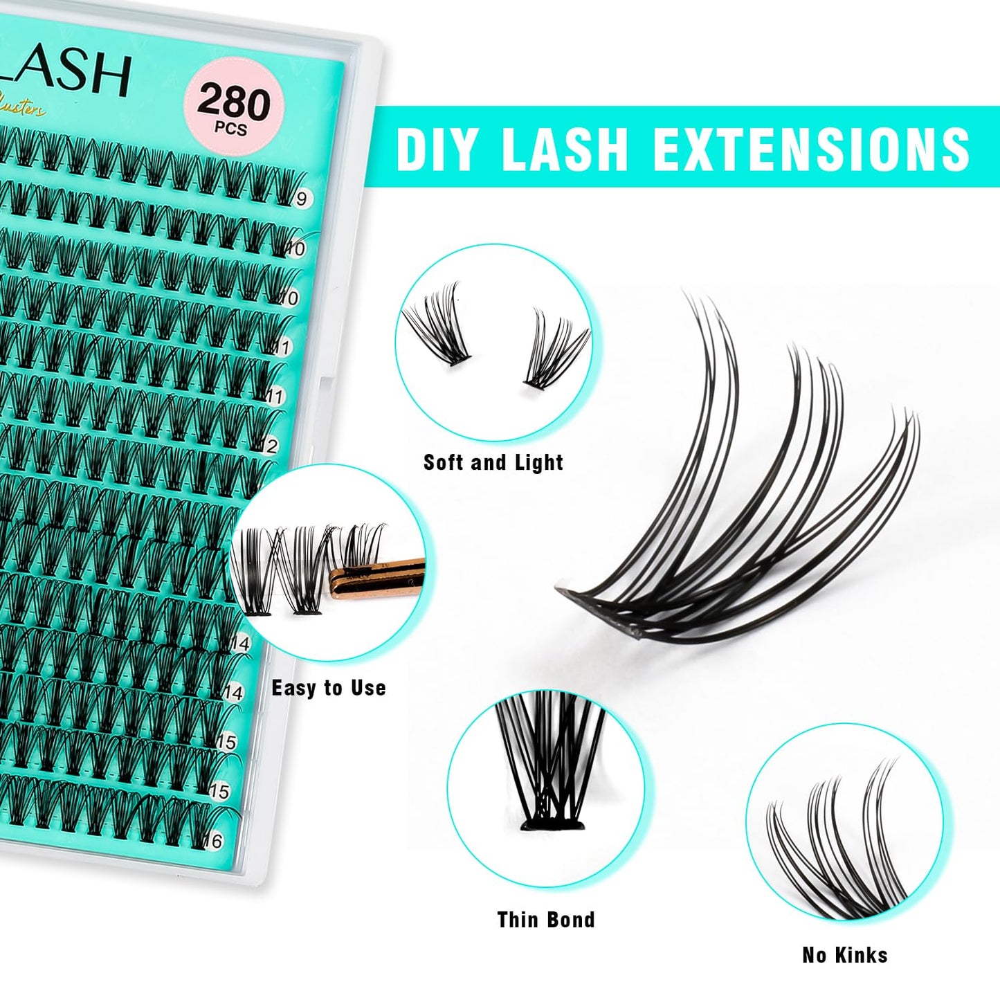 VAVALASH DIY Lash Extension Kit 280 Clusters Individual Lashes Kit 30D 40D 0.07D-10-16mm Lash Clusters, Lash Bond and Seal, Lash Tweezer for DIY Eyelash Extension at Home（Kit-30D+40D-0.07D-10-16MIX）