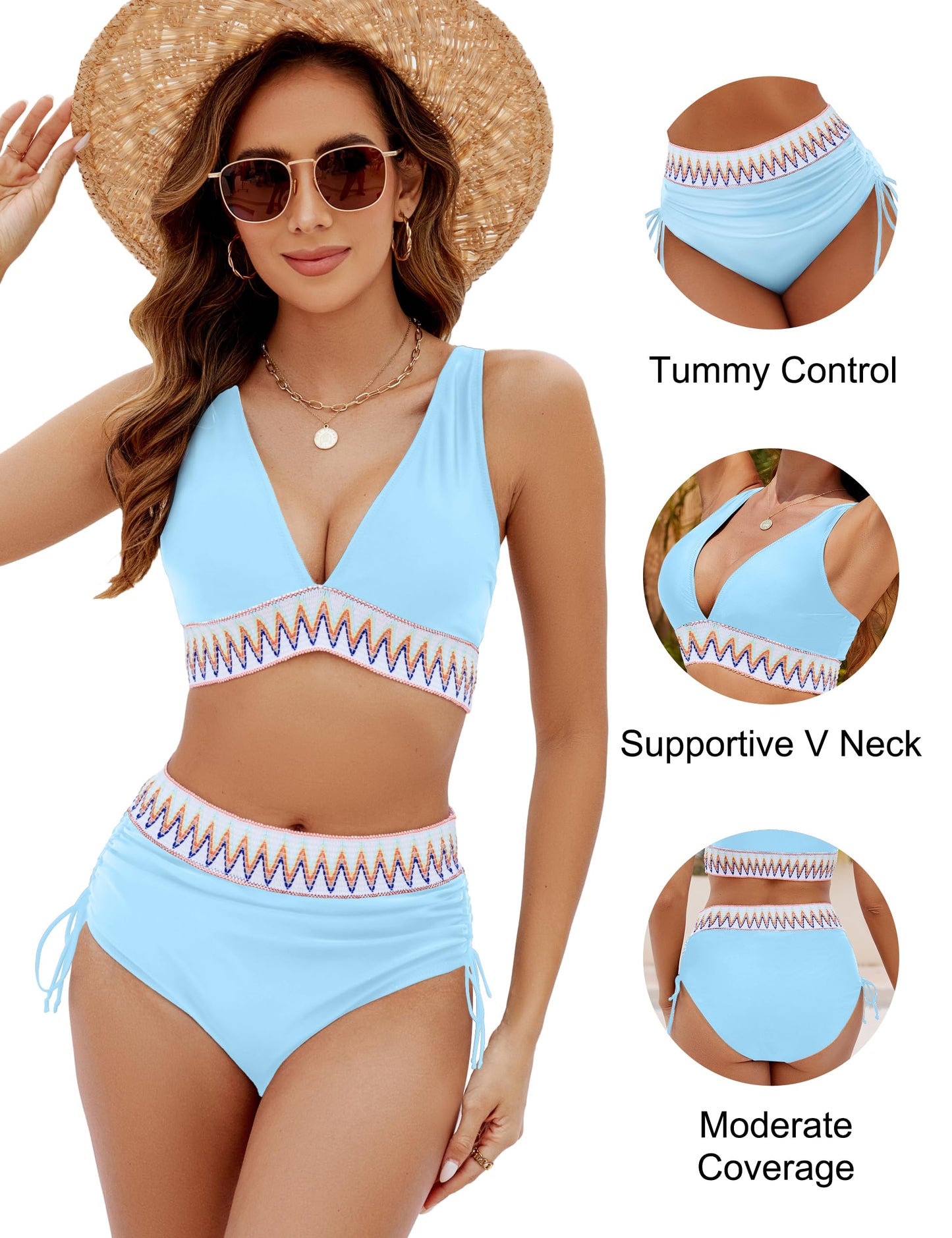 Blooming Jelly Women High Waisted Bikini Sets Tummy Control Swimsuits Color Block Two Piece Drawstring Bathing Suit