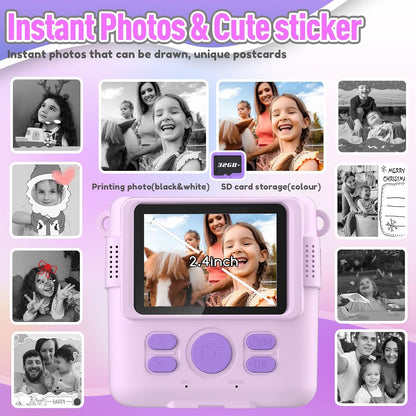 Instant Print Camera for Kids, Christmas Birthday Gifts for Girls Boys, HD Digital Video Cameras for Toddler, Portable Toy for 4 5 6 7 8 9 10 Year Old Girl with 32GB SD Card-Purple