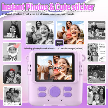 Instant Print Camera for Kids, Christmas Birthday Gifts for Girls Boys, HD Digital Video Cameras for Toddler, Portable Toy for 4 5 6 7 8 9 10 Year Old Girl with 32GB SD Card-Purple