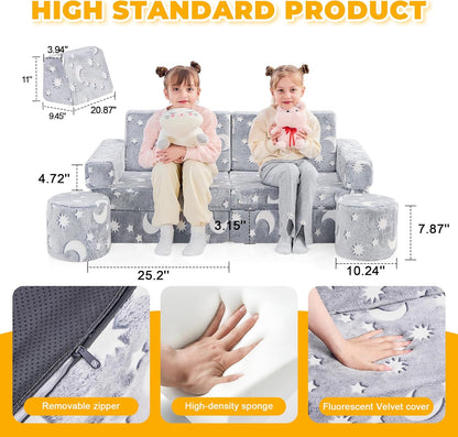 14pcs Modular Kids Play Couch, Kids Couch Toddler Couch, Child Sectional Sofa, Bedroom and Playroom Furniture for Toddlers, Blue Glow, Convertible Foam and Floor Cushion for Boys and Girls, Gray