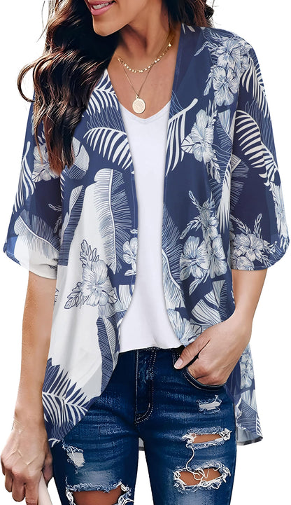 Women's Floral Print Puff Sleeve Kimono Cardigan Loose Cover Up Casual Blouse Tops