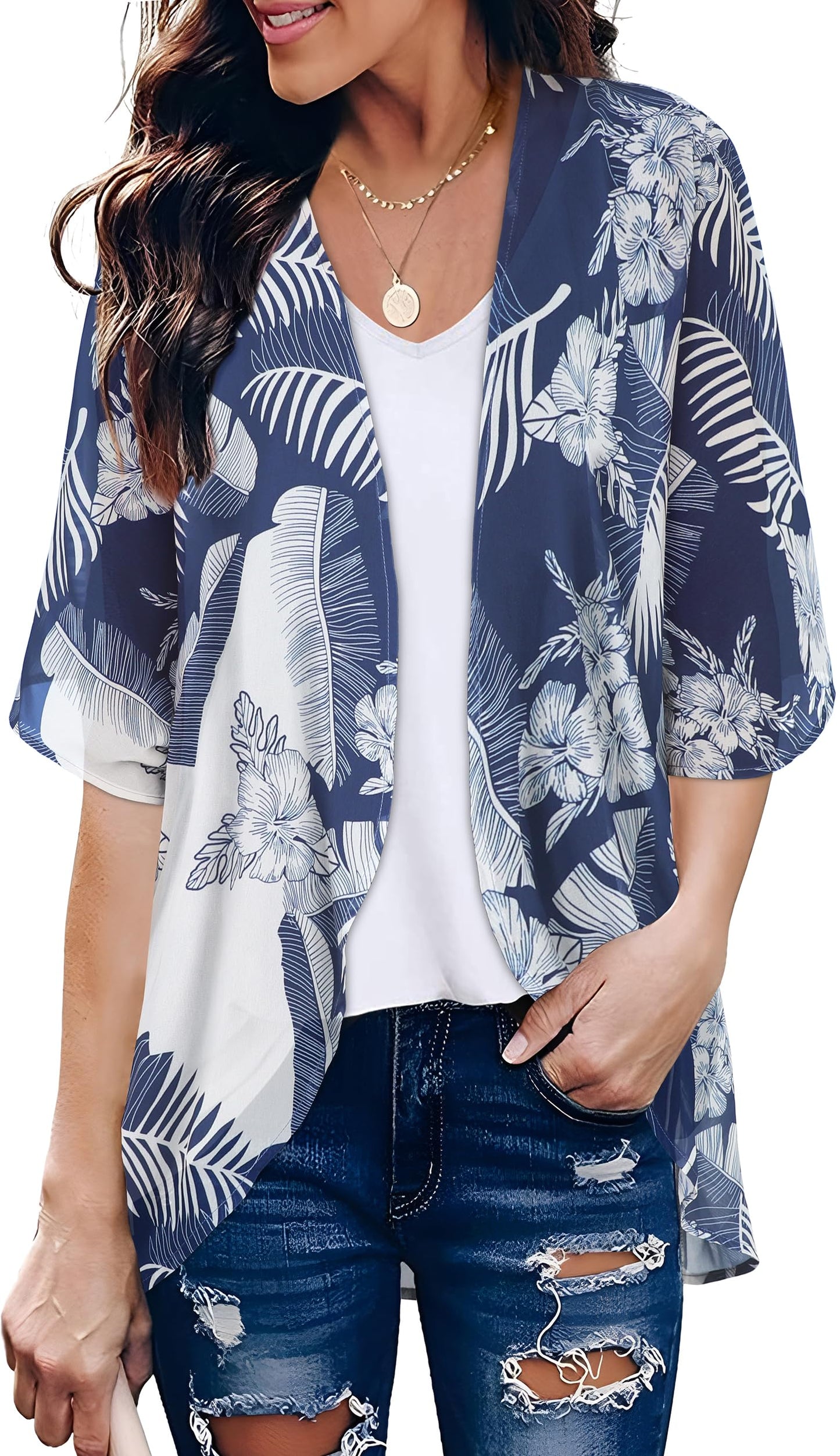 Women's Floral Print Puff Sleeve Kimono Cardigan Loose Cover Up Casual Blouse Tops