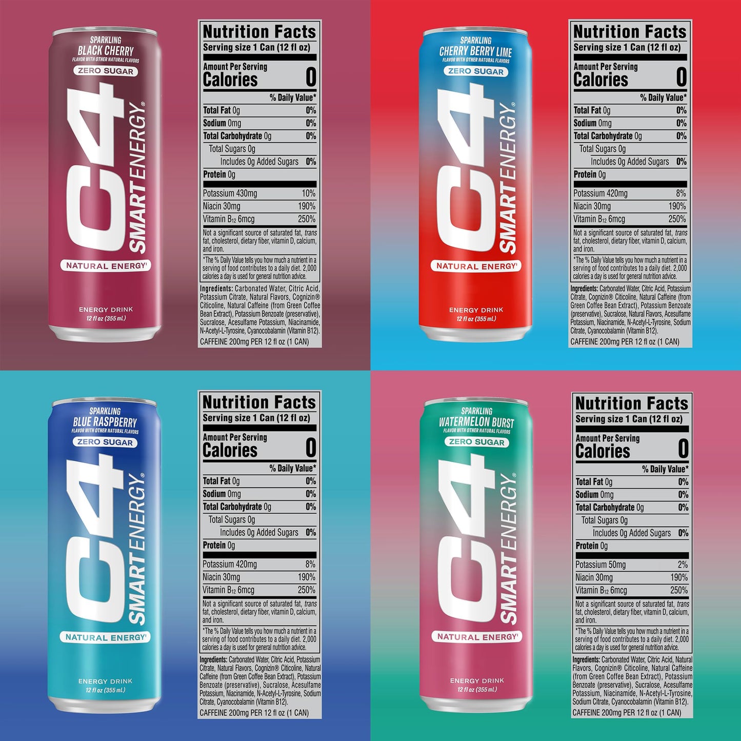 C4 Smart Energy Drink – Boost Focus and Energy with Zero Sugar, Natural Energy, and Nootropics - 200mg Caffeine - Cherry Berry Lime (12oz Pack of 12)