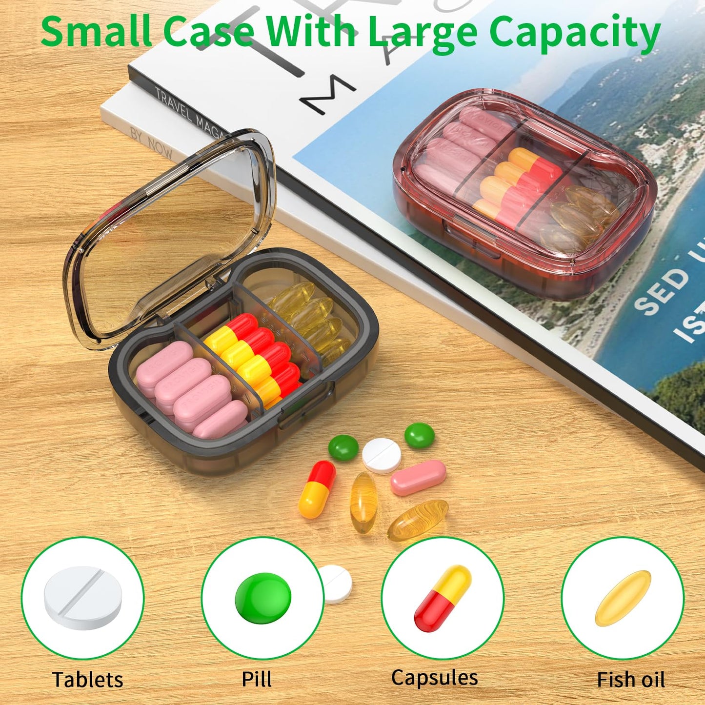 2 Pack 3 Compartment Small Pill Box, Moisture Proof Pill Case, Travel Pill Organizer for Pocket Purse, Daily Portable Medicine Vitamin Box, Fish Oil Box, Supplement Box