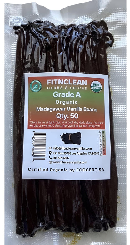 50 Organic Grade A Madagascar Vanilla Beans. Certified USDA Organic for Extract and all things Vanilla by FITNCLEAN VANILLA. ~5" Bulk Fresh Bourbon NON-GMO Pods.