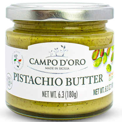 Pistachio Nut Butter Sweet Cream, 6.35 oz (180g), Sweet Sicilian Pistachio Cream Spread, Spreadable, Mix Well After Openiong,Pistachios from Sicily, Italy, No Palm Oil, Campo D'Oro