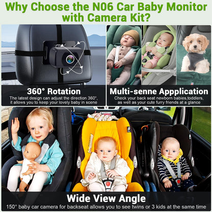 Baby Car Camera Easy Install: HD 1080P Eye Protection Clear Night Vision - Rear Facing Stability Backseat Camera with Monitor for Car Seat Travel 360° Rotation N06