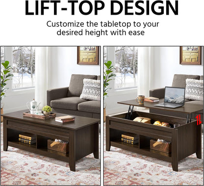 Yaheetech Lift Top Coffee Table with Hidden Storage Compartment & 2 Open Shelves, Rising Tabletop Pop Up Center Table for Living Room Reception Room, 47.5'' L, Espresso