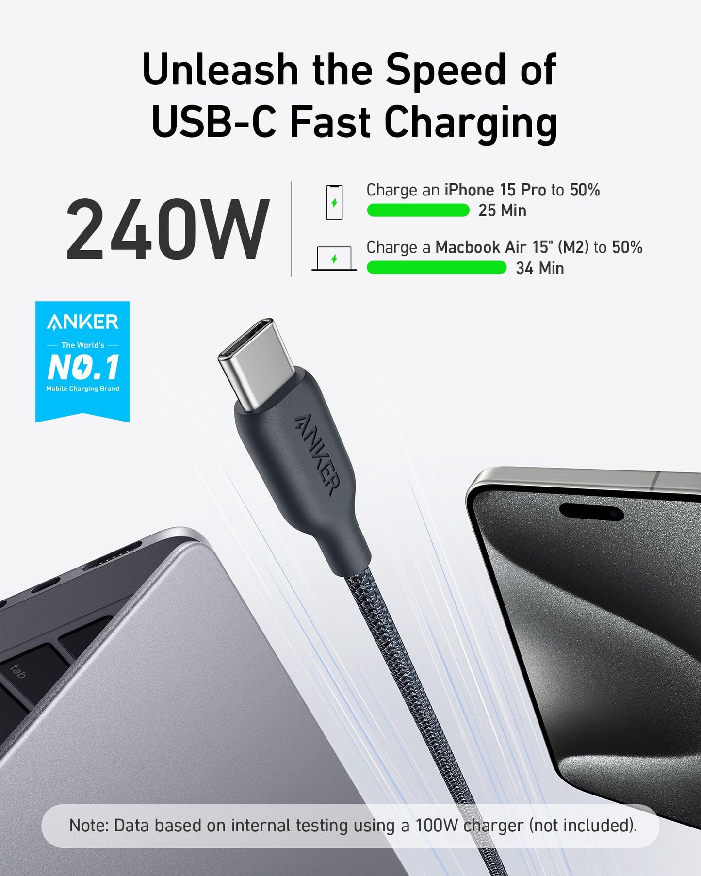 Anker USB C to USB C Cable (240W,10ft), Bio-Braided USB C Charger Cable Fast Charge for iPhone15/15Pro/15Plus/15ProMax, iPad Pro 2020, iPad Air 4, Samsung Galaxy S23+/S23 Ultra