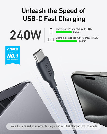 Anker USB C to USB C Cable (240W,10ft), Bio-Braided USB C Charger Cable Fast Charge for iPhone15/15Pro/15Plus/15ProMax, iPad Pro 2020, iPad Air 4, Samsung Galaxy S23+/S23 Ultra