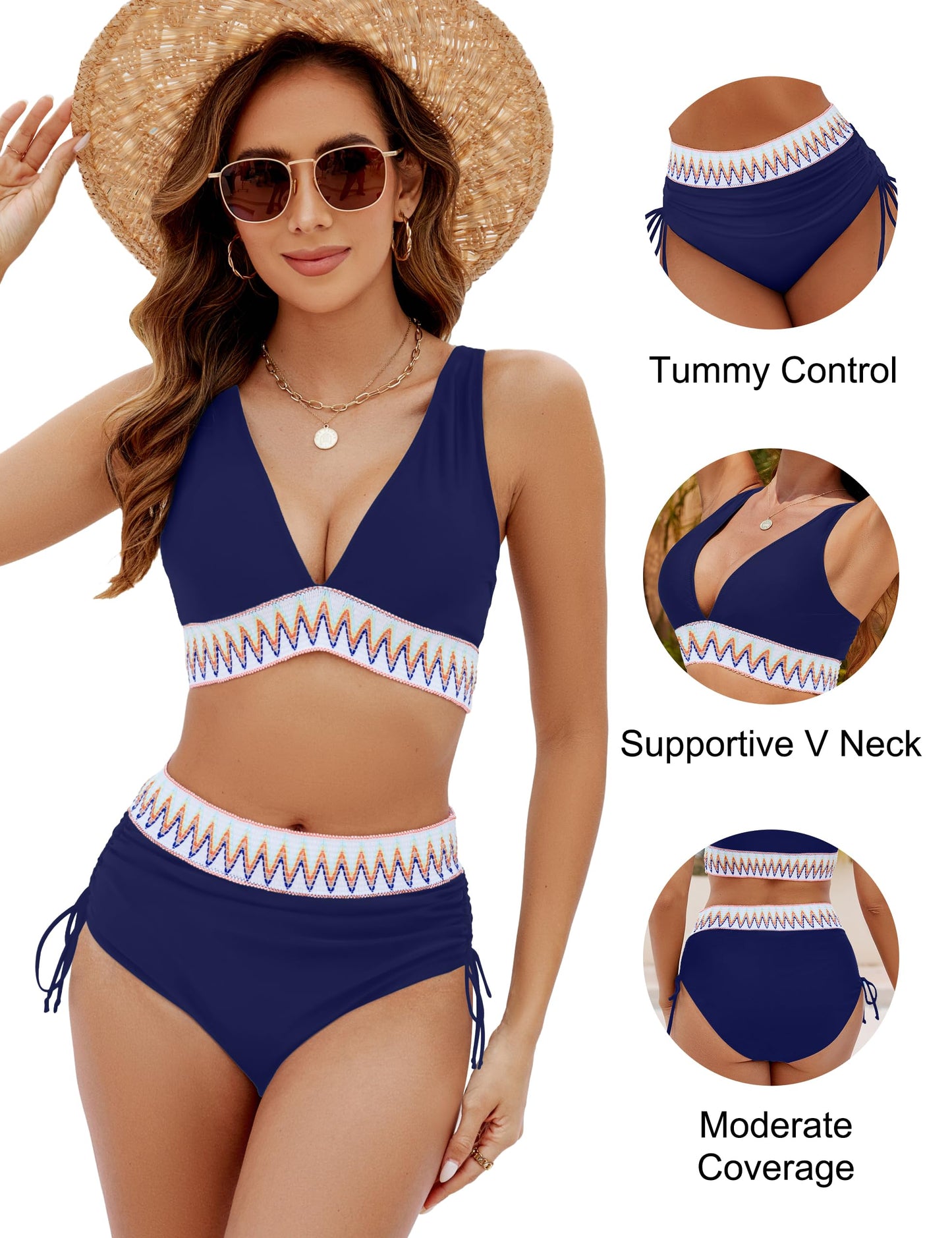 Blooming Jelly Women High Waisted Bikini Sets Tummy Control Swimsuits Color Block Two Piece Drawstring Bathing Suit