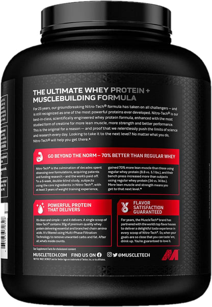 Muscletech Whey Protein Powder (Milk Chocolate, 4 Pound) - Nitro-Tech Muscle Building Formula with Whey Protein Isolate & Peptides - 30g of Protein, 3g of Creatine & 6.6g of BCAA