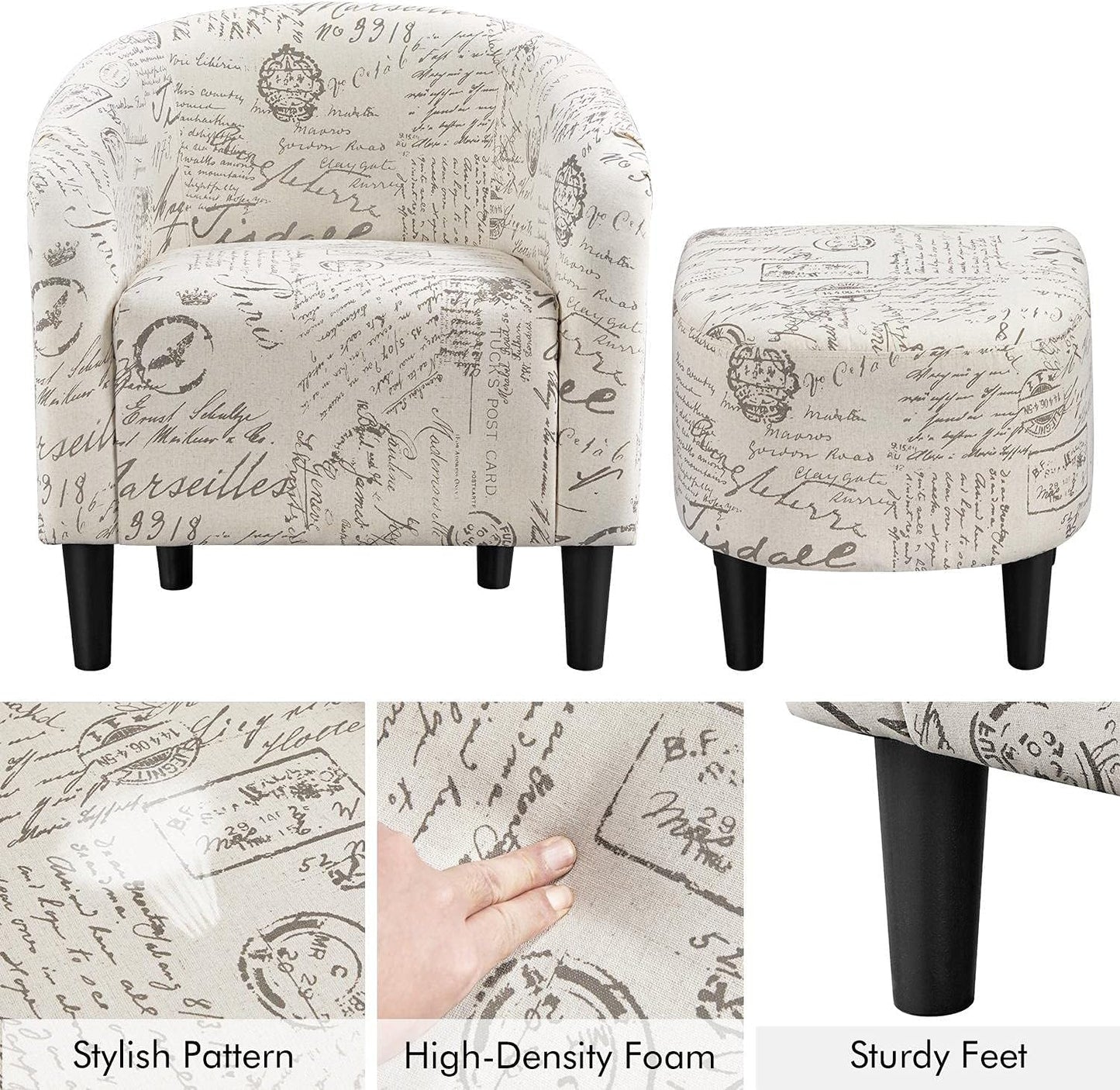 Yaheetech Modren Club Chair with Ottoman, Fabric Accent Armchair with Footstool, Upholstered Barrel Chair and Footrest for Living Room Bedroom Guestroom, Letter Print