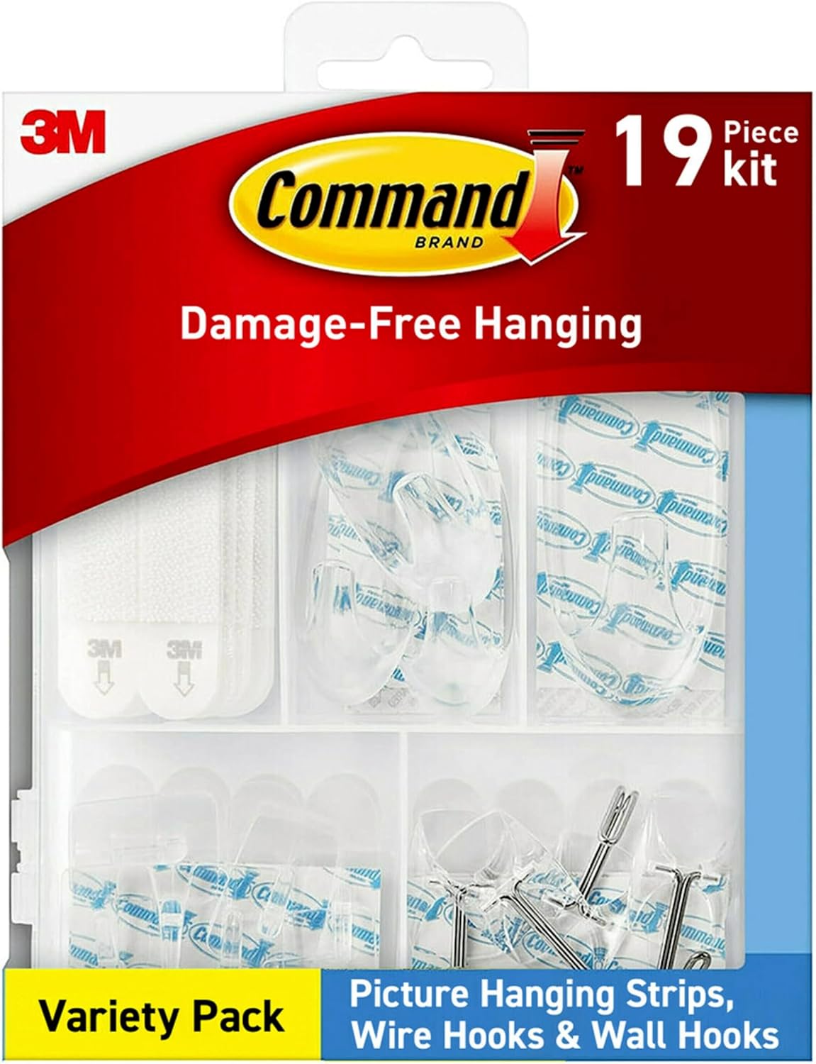 Command Variety Pack, Picture Hanging Strips, Wire Hooks and Wall Hooks, Damage Free Hanging Clear Variety Pack for Up to 19 Items, 1 Kit