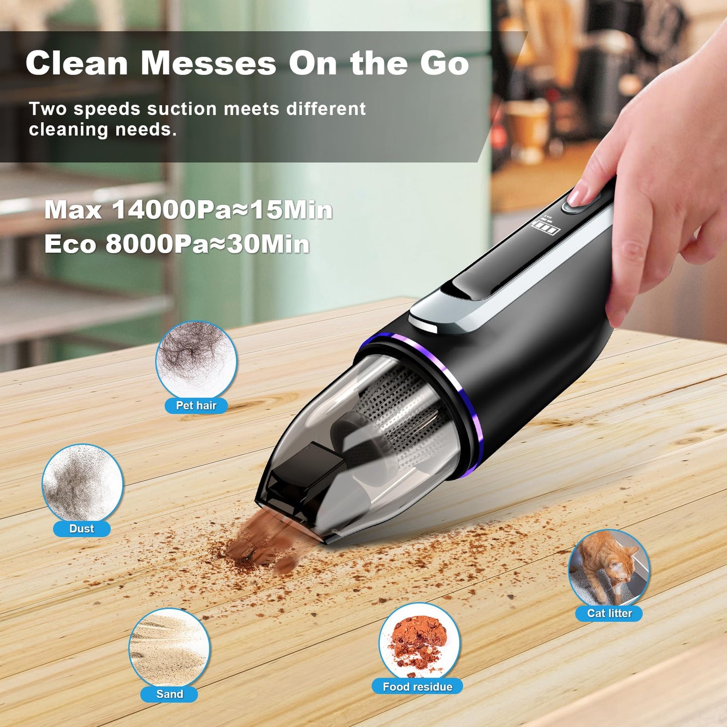 Handheld Vacuum Cordless, Car Vacuum with Brushless Motor & 14000Pa Suction, 1.2lbs Lightweight, LED Light, Slim Mini Vacuum Cleaner for Car Home Pet