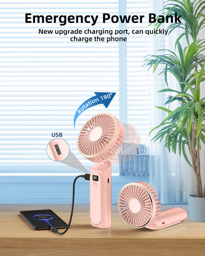 TUNISE Portable Handheld Fan, Portable Fan Rechargeable, 4000mAh, 180° Adjustable, 6 Speed Wind, Display Electricity in Real Time, USB Rechargeable Foldable Fan, Quiet Personal Fan as the Power Bank