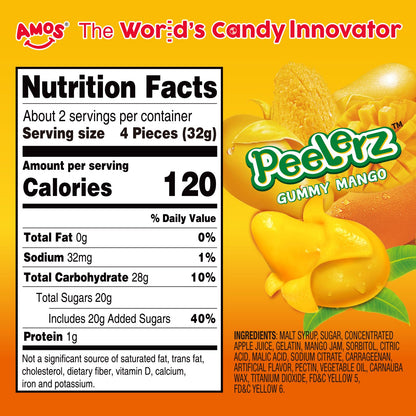 Amos Peelable Mango Candy, Peelerz Gummy Mango Peeling Candy,Resealable 2.19oz Bag (Pack of 3)