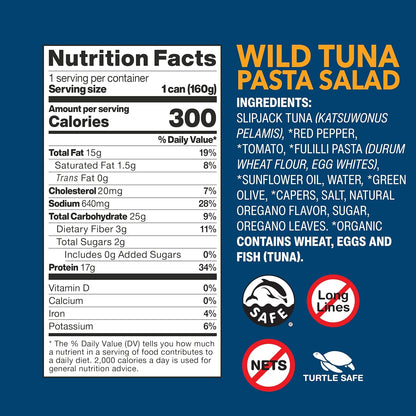 Wild Planet Ready-To-Eat Wild Tuna Pasta Salad With Organic Red Peppers, Tomatoes & Green Olives, Tuna Salad, 5.6oz, Pack Of 4