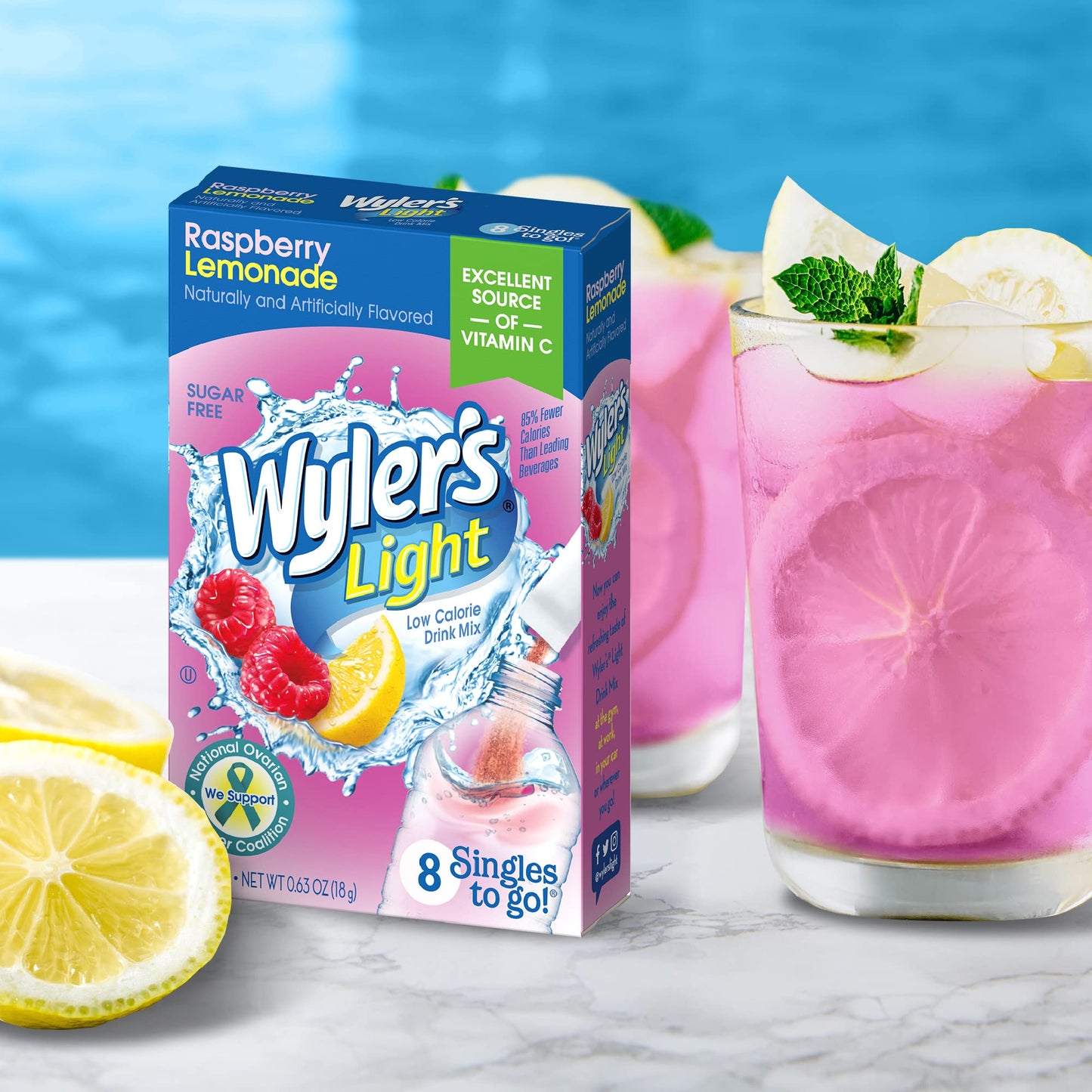 Wyler's Light Singles to Go Powder Packets, Water Drink Mix, Variety Pack, Pink, Strawberry & Blueberry Lemonade, Sugar & Caffeine Free, On-The-Go, 40 Count