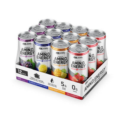 Optimum Nutrition Amino Energy Sparkling Hydration Drink, Electrolytes, Caffeine, Amino Acids, BCAAs, Sugar Free, Juicy Strawberry, 12 Fl Oz, 12 Pack (Packaging May Vary)