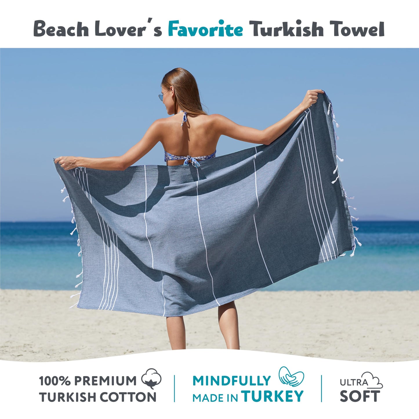 WETCAT Turkish Beach Towel Oversized 38x71 100% Cotton Sand Free Quick Dry Extra Large Light Travel Towel for Adults Beach Accessories Gifts (Blue, Beach Towel (38" x 71"))