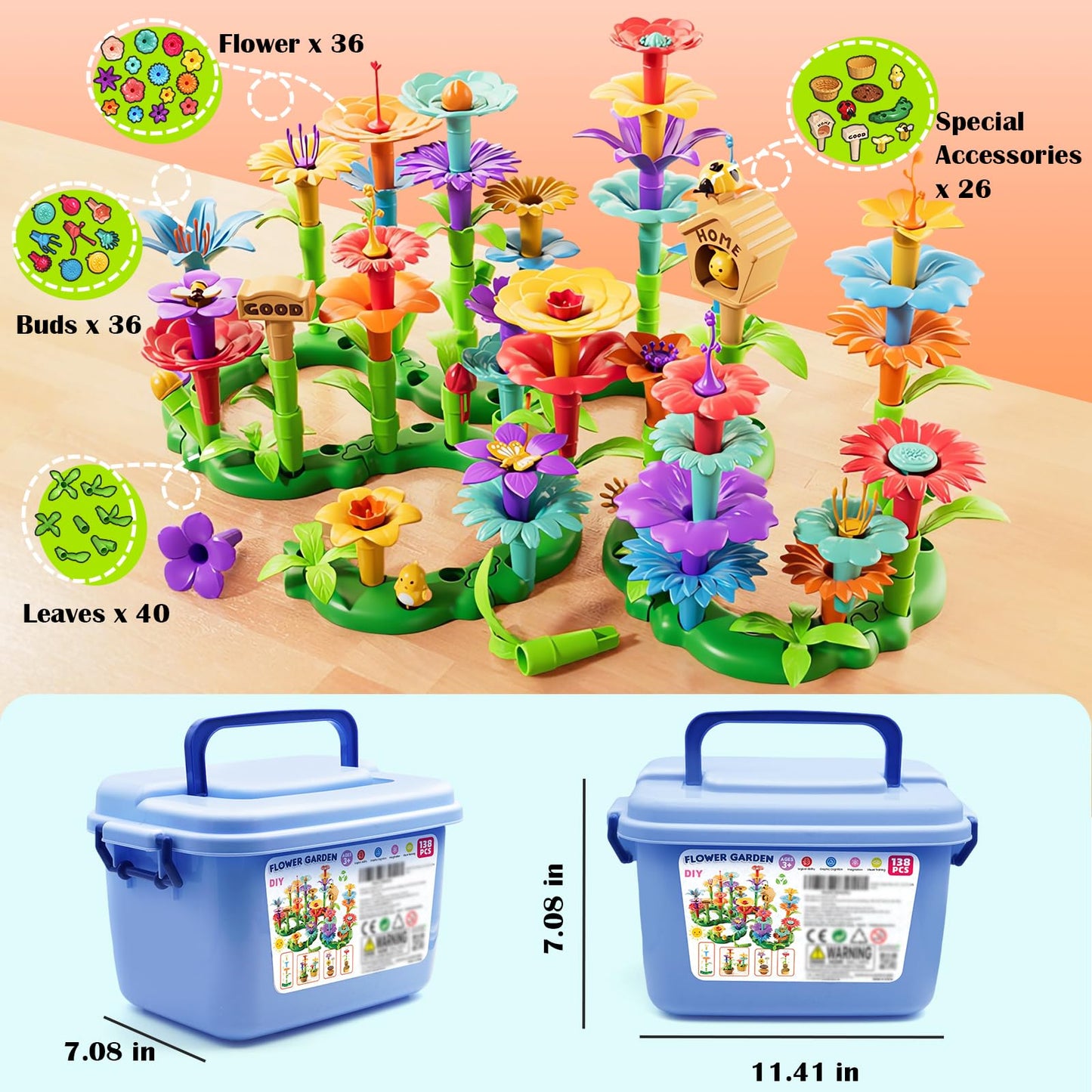 FUNZBO Flower Building Toys - Toddler Toys for 3+ Year Old, Stacking Toys for Kids Girls Boys, Birthday Gifts for Girls, STEM Educational Toys with Storage Box (138 pcs)