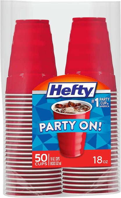 Hefty Party On Disposable Plastic Cups, Red, 18 Ounce, 50 Count