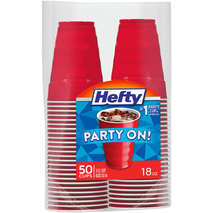 Hefty Party On Disposable Plastic Cups, Red, 18 Ounce, 50 Count