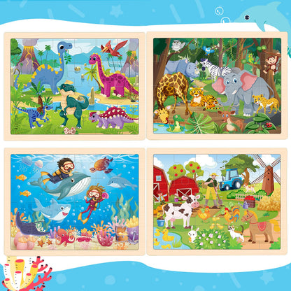 4-in-1 Farm Wooden Puzzles for Kids Ages 4-6, 24 PCS Wooden Jigsaw Puzzles for Toddlers Ages 2-4, Preschool Educational Puzzles Boards Toys Gifts for 3 4 5 6 Boys Girls