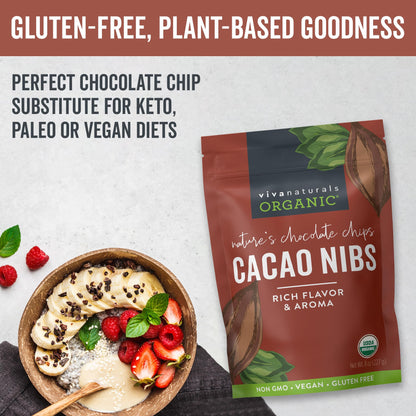 Viva Naturals Organic Cacao Nibs, 1 Lb - Certified Keto and Vegan Superfood, Perfect for Gluten Free Baking, Cacao Nib Smoothies and Healthy Snacks, Premium Criollo Beans, Non-GMO