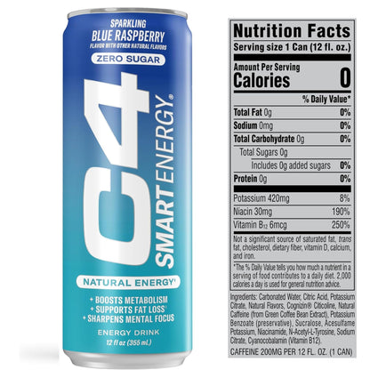 C4 Smart Energy Drink – Boost Focus and Energy with Zero Sugar, Natural Energy, and Nootropics - 200mg Caffeine - Cherry Berry Lime (12oz Pack of 12)