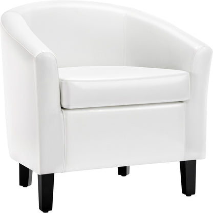 Yaheetech White Leather Chair, Faux Leather Accent Chair, Modern Barrel Chair Comfy Club Chair with Soft Padded and Solid Legs for Living Room Bedroom Reception Room, White