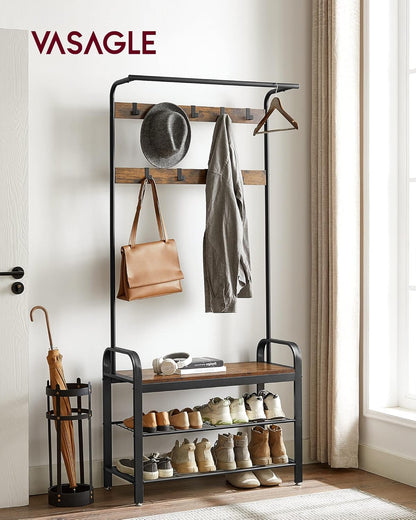 VASAGLE Coat Rack, Hall Tree with Shoe Bench for Entryway, Entryway Bench with Coat Rack, 4-in-1, with 9 Removable Hooks, a Hanging Rod, 13.3 x 33.1 x 72.1 Inches, Rustic Brown and Black UHSR400B01